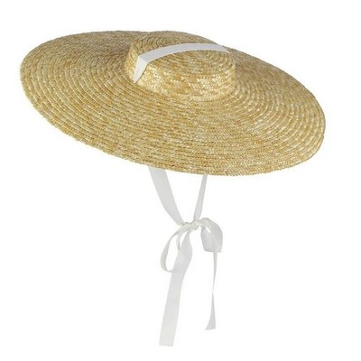 Women Large Wide Brim Straw Summer Hats Ribbon Beach Cap Boater Flat Top Sun Hat