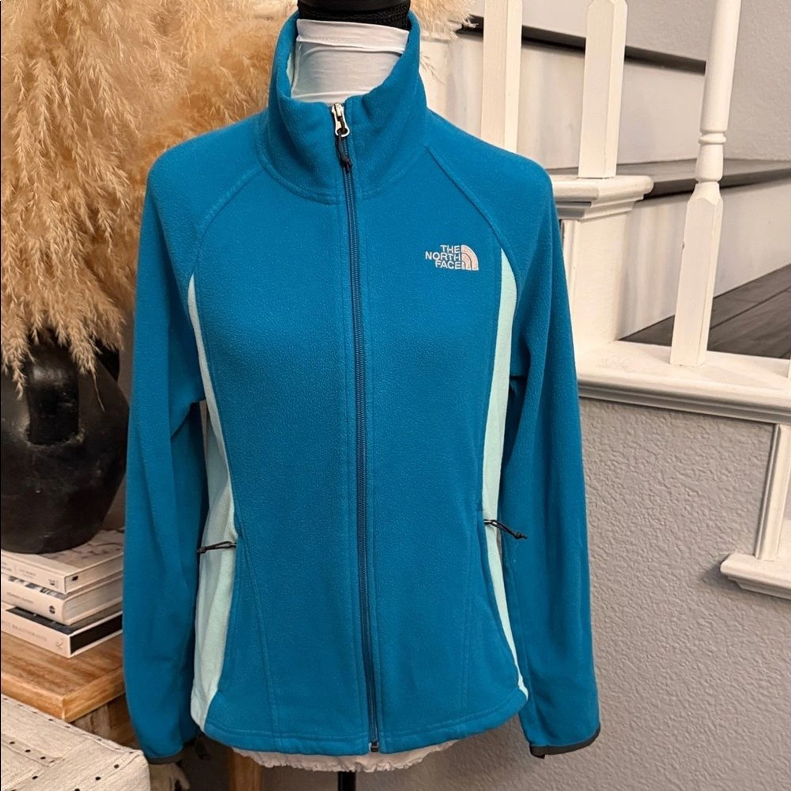 The North Face Fleece Full Zip Sweatshirt Blue Zipped Pockets Size Medium