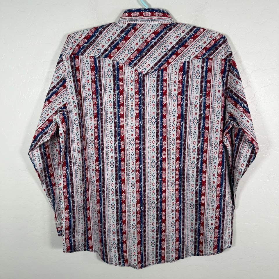 Panhandle Slim Shirt Mens XL Red White Blue Pearl Snap Western Aztec Rough Stock - Image 4 of 4