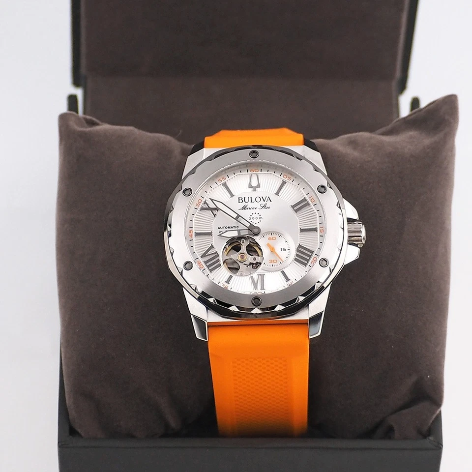 Reloj Automático Hombre Bulova Marine Star Serie A 98A226 Naranja Correa Silicona Foto 3 de 4