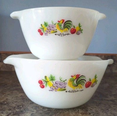 Fire King Anchor Hocking 2 Piece Chanticleer Rooster Mixing Bowls 1965-1967 USA