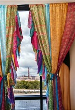 2 Pcs Indian Sari Patchwork Curtain Drape Window Decor Multi Silk Sari Curtain