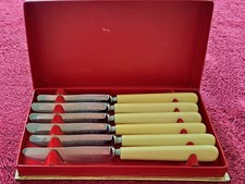 Vintage Table Knives Box Set Sheffield Rustless Faux Bone Handles Rounded ends 