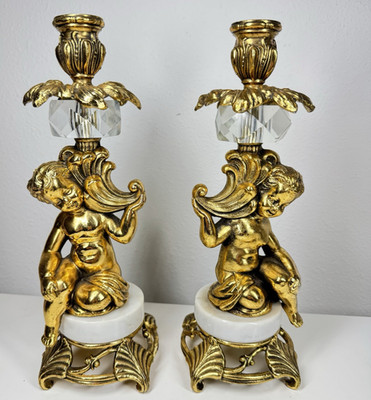 Vintage Gold Cherub Candle Holders Marble Crystal 11.5  Hollywood Regency