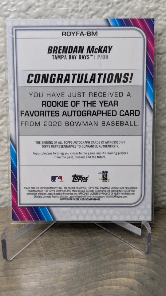 2020 Bowman Chrome ROTY Favorites BRENDAN McKAY Auto GOLD Refractor /50 - Image 2 of 2
