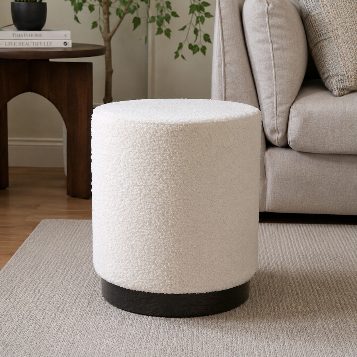 Cream Ottoman Stool Boucle Storage Seat Dressing Table Footrest Black Metal Base