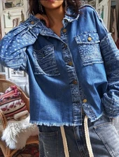 Pol Denim Blue bohemian Boho Shirt Top Patchwork bandana Jacket Blouse Xl READ