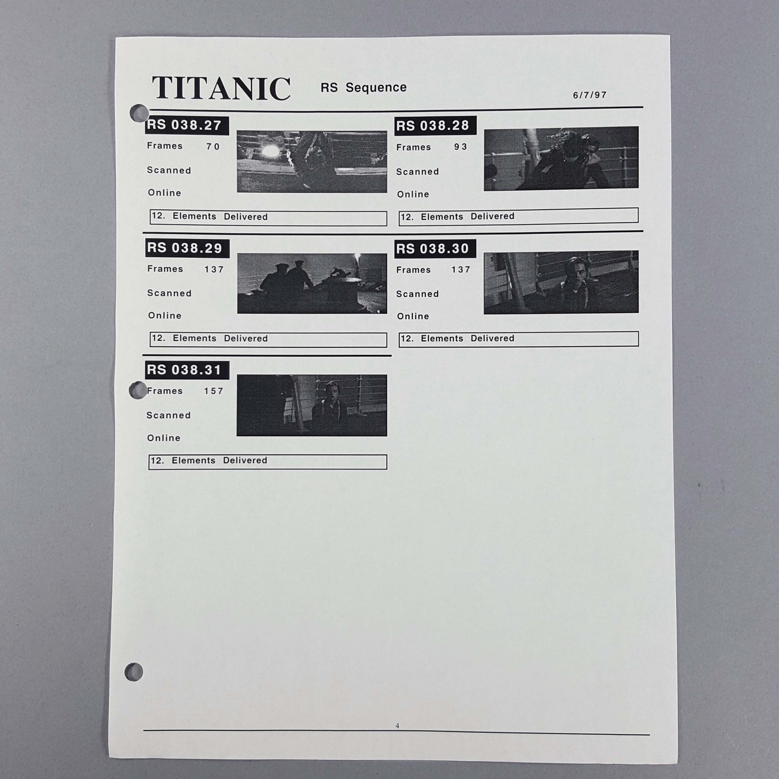 Titanic VFX Shot Tracker Report RS Sequence Shots, Jack Dawson, Movie Prop COA