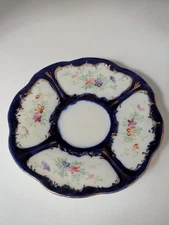 Dresden or Staffordsh. Vintage 4.5" Demitasse Saucer, Flow Blue & Gilt on White