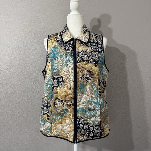 Chico’s Women’s Size 1 Medium Quilted Multi-Colored Floral Full Zip Vest