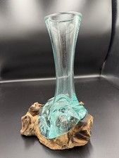 Hand Blown Art Glass Vase Aqua Blue on Natural Wood Base Studio Decor