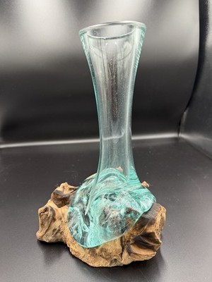 Hand Blown Art Glass Vase Aqua Blue on Natural Wood Base Studio Decor