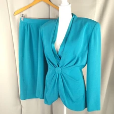 Vtg Daymor Couture Teal Skirt Jacket Set Women Dressy Formal Mother of Bride