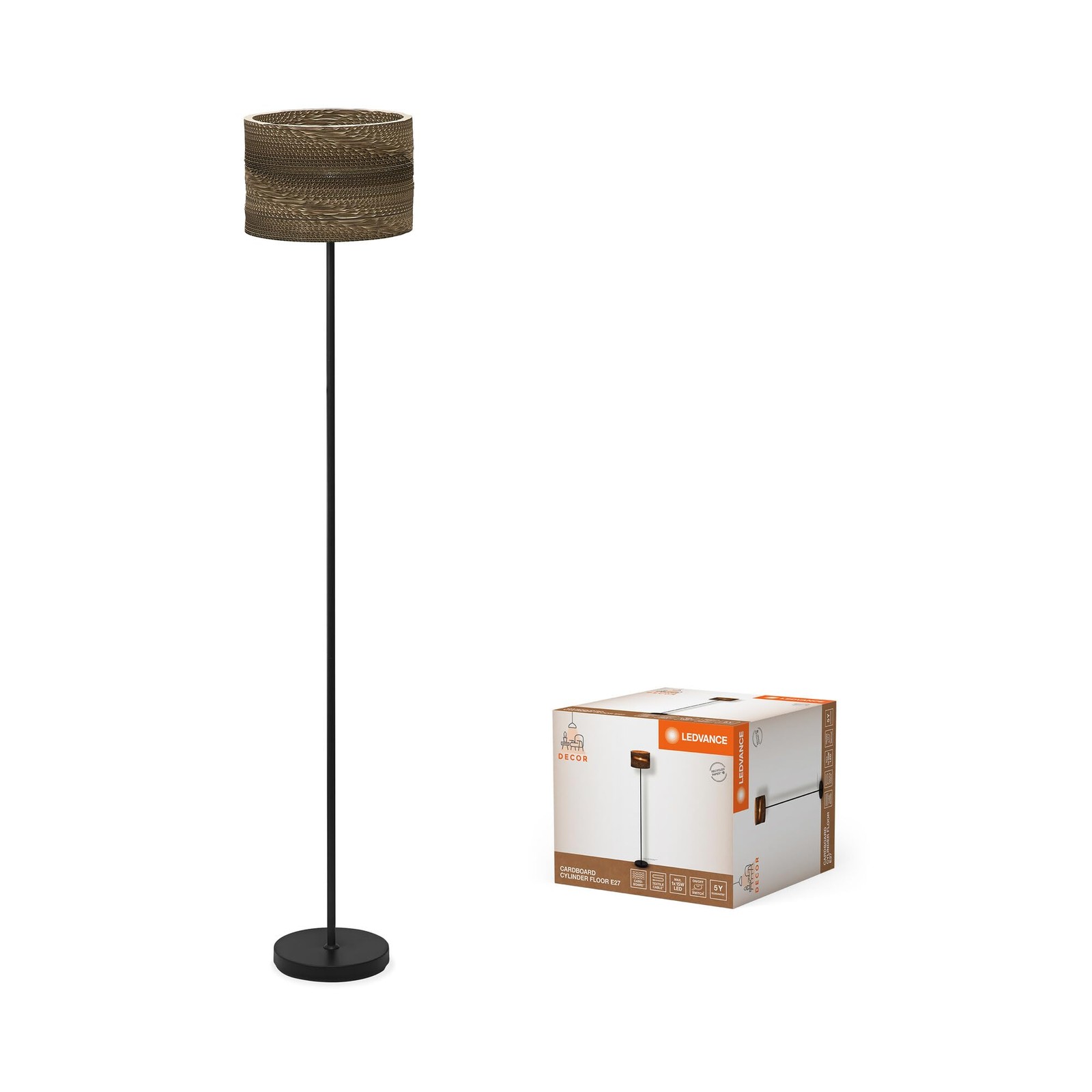 Lampadaire marron Decor Cardboard cylindrique en carton effet ajouré E27
