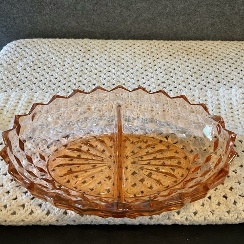 Fostoria American Peach Pink Glass Divided Relish Dish Cube Pattern & Small Dish