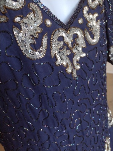 NEW VTG Scala Beeta Grover polyester Sequin Beaded Party Cocktail Dress Blue XXL - Picture 11 of 12