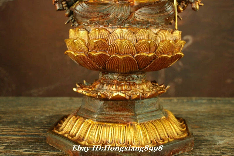 11" Old Tibet Bronze Gilt Temple 1000 Arms Kwan-yin Quan Guan Yin Buddha Statue - Image 3 of 4
