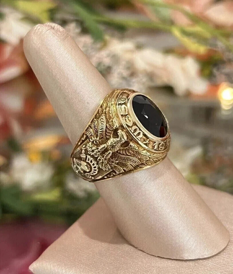 Lab Created Garnet West Point Military Men's Ring 14K