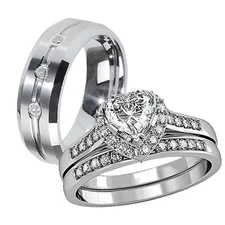 Couple 3 Pcs Men's Tungsten Women's Stainless Steel Engagement Wedding Ring Set