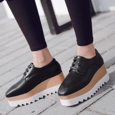 Women's Platform Square Toe Lace Up Creeper Wedge Heel Fashion Casual Shoes New