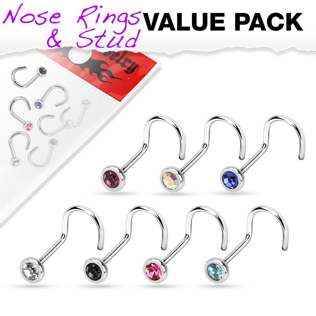 7pc Value Pack Press Fit Gem Surgical Steel Nose Ring Screws choose 18g or 20g eBay
