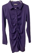 ZARA BODYCON Long Sleeve Knee Length Ruched Button Down Dress Woman’s M Purple