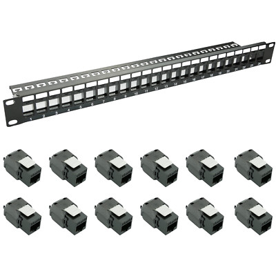 19'' Patchpanel 1HE Patchfeld 24-Port mit 12x Cat.6A Keystone Buchse 10GbE LAN