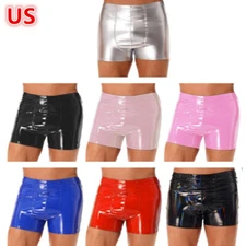 Men Glossy Latex Leather Shorts Bulge Pouch Boxer Brief Hot Pants for Club Party