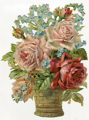 Oblaten scrap die cut chromo XL Rosen-Blumenkorb 23,5 cm