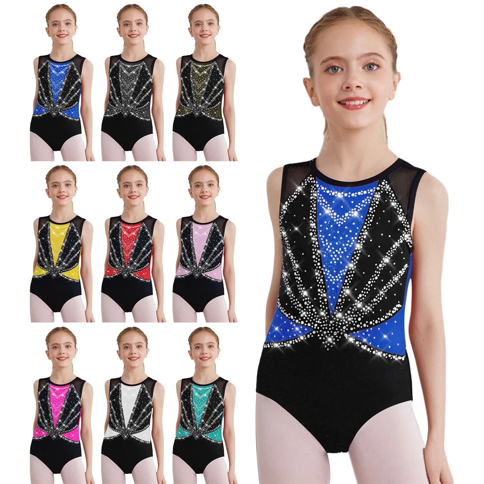 Kids Girls Bodysuit Sleeveless Rompers Ballroom Unitard Metallic Leotard Latin - Image 3 of 4