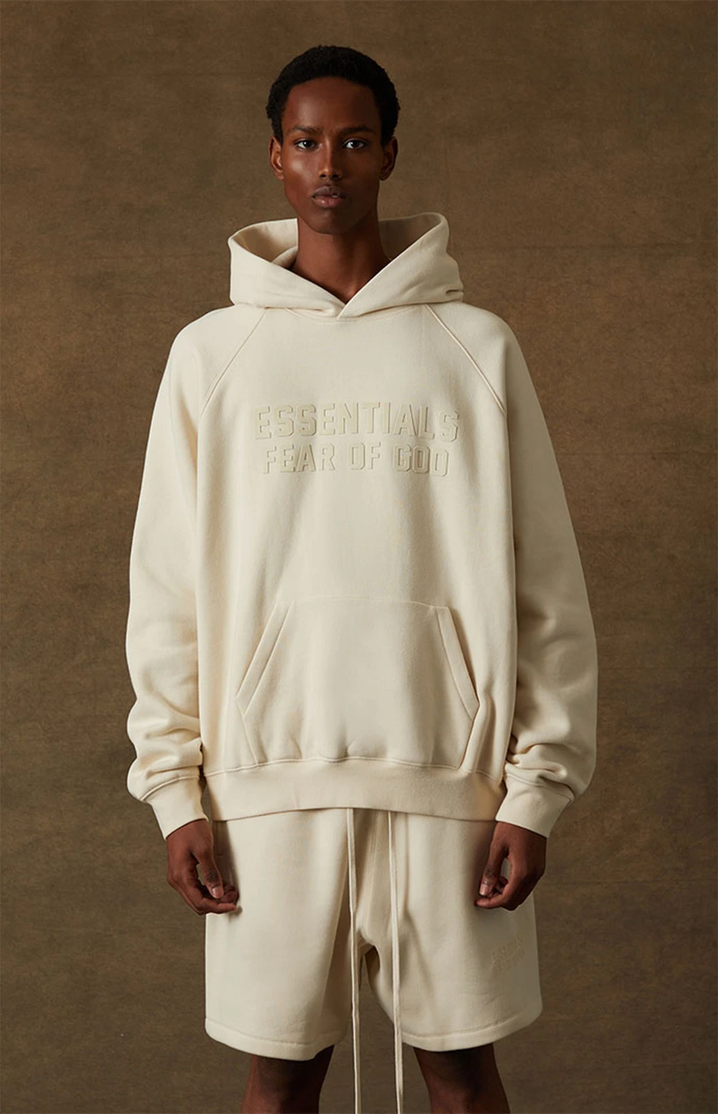 Felpa con cappuccio uomo Fear Of God Essentials stile # 192SU222050F taglia L guscio d'uovo