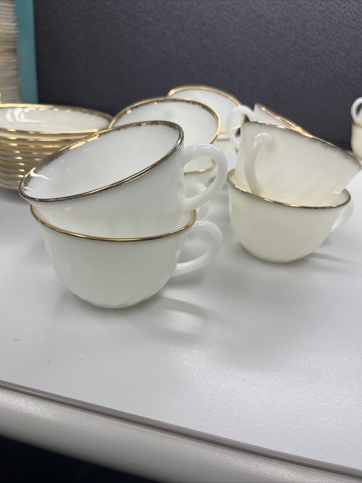Fire King Teacups with 6” Saucers Swirl Milk Glass Gold Trim Anchor Hocking 10pc