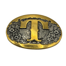 80s vtg AWARD DESIGN MEDALS INC Belt Buckle Letter T Gold 24KGP Western Silver