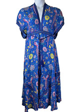 R Vivimos Midi Dress M 8-10 Blue Peacock Floral Tassel V Neck Boho Mumu Kaftan
