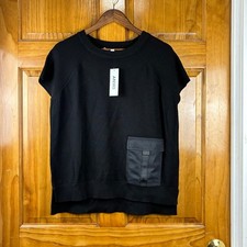 NWT DKNY Womens Black Ribbed Short Sleeve Knit Sweater Cargo Pocket Top Large