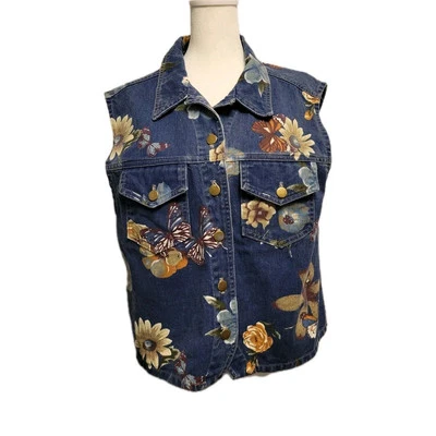 Vintage 90s Y2K Stampede Butterfly Floral Denim Jean Vest Womens Large - Image 1 of 4