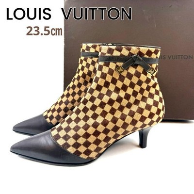 LOUIS VUITTON Damier Unborn Calf Leather Short Boots Ribbon EU37M US7 Brown
