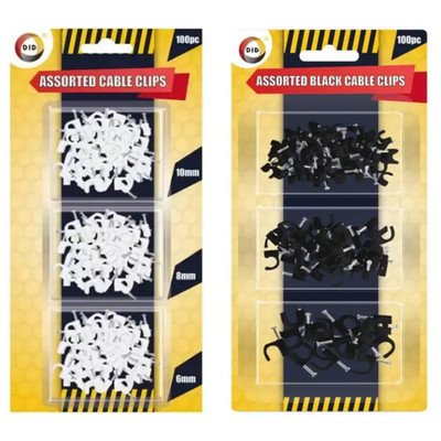 Verschiedene Kabelclips 100 Stück Set 10 mm, 8 mm, 6 mm weiß schwarz sicher mit Nägeln