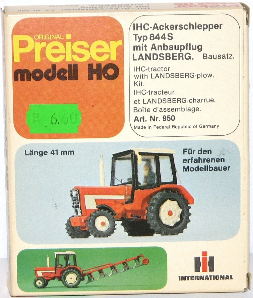 Tracteur agricole Preiser H0 950 IHC type 844S avec charrue Landsberg -... - Photo 1/1