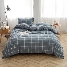 Bedding Duvet Cover Set 3 Pieces 100% Washed Cotton Duvet King Grey Green Grid