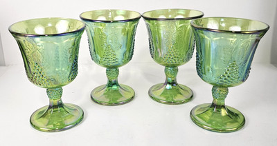 4 Green Blue Iridescent Carnival Glass Wine Water Goblet Glass Harvest Grape