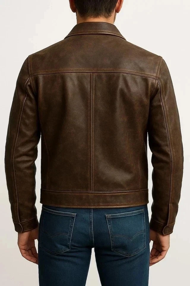 Chaqueta de motociclista de cuero genuino marrón envejecido café racer real para hombre Foto 2 de 3
