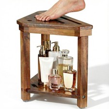 Acacia Wood Shower Stool Shaving Legs Foot Rest Storage Shelf Corner Bench