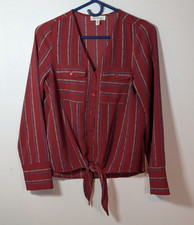 Monteau Striped Red Blue White Woven V-Neck Long Sleeve Tie Hem Blouse M