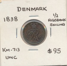 Denmark: 1838 Frederik VI 1/2 Rigsbankskilling KM-713 Nice Grade