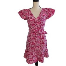 LOFT Embroidered Pink White Floral Dress Women's Size 4 Flutter Sleeve Belted