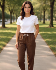Love Tree Women's Stretch Waist Brown Drawstring Linen Blend Pants Sz L