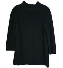 Pura Cashmere Black Supima Cotton Ribbed Neck 3/4 Sleeve Sweater Size Small