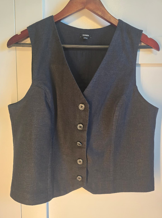 Express Womens Linen Blend Vest Large Black Button Front Tailored Office Work