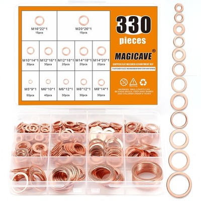 330 Pcs Copper Washers Assortment Kit   12 Sizes Flat Sealing Crush Washers M...